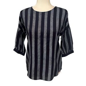 Fame Forever Navy Blue Polka Dot Stripe Elbow Sleeve Blouse